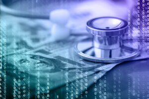 Abstract technology background with binary code, US dollars and a stethoscope. Can be used as a concept of internet paid medicine, digital financial security, etc.