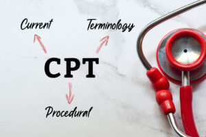 Medical background with CPT inscription current procedural terminology. Uniform language coding medical services and procedures.